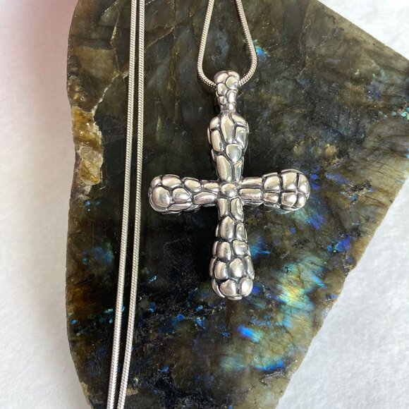 Sterling Silver 925 RB Chunky Pebbled Dot Pattern Cross Pendant Necklace 24" - Picture 13 of 16